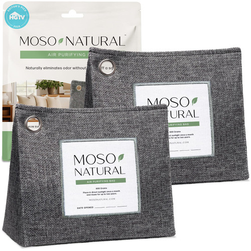 Moso Natural Air Purifying Bag 600g (2 Pack) Premium Charcoal Odor Absorber & Room Deodorizer for Large Spaces — Lasts 2 Years, Bedroom, Basement, Pet Odor Eliminator for Home, Bamboo Charcoal Bag