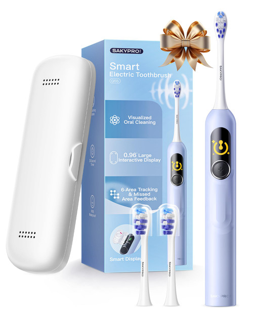 SAKYPRORAL Kids Electric Toothbrush for Boys Teens (6-15Y), Smart Screen with Brushing Score, Soft Bristles, Visual Timer for Braces, 150 Days Battery with Travel Case (Blue)