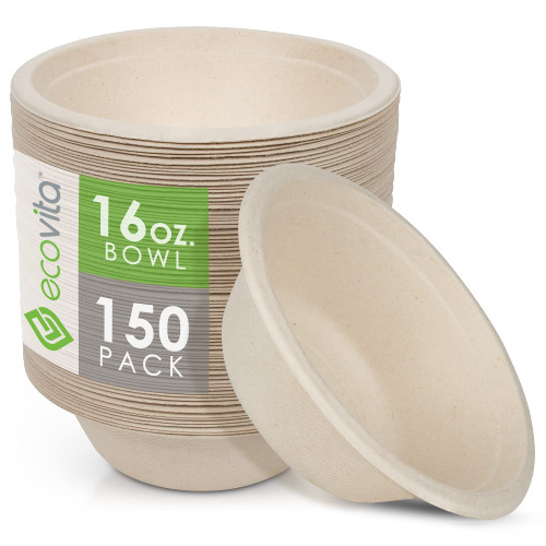 Ecovita 100% Compostable Paper Bowls [16 oz.] – 150 Disposable Bowls Eco Friendly Sturdy Tree Free Liquid and Heat Resistant Alternative to Plastic or Paper Bowls