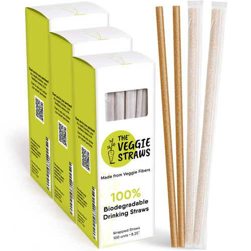 The Veggie Straws – 300 PCS of 8.25 Inches Individually Wrapped Biodegradable Straws – Made of Vegetable Fibers, Best Environment Friendly Drinking Straws for Hot and Cold Beverages