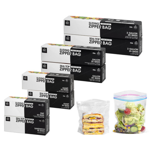 Multi-Variety Pack Slider & Seal Top Zipper Food Storage Bags, 270 Count, Featuring 2 Gallon Size, Zero BPA & Microwave-Safe (8 Boxes, 8 Sizes)