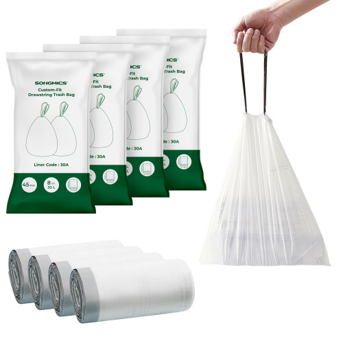 SONGMICS Trash Bags, Drawstring Kitchen Garbage Bags, Pre-Separated, Box-Free Pack, for 8-Gallon (30 L) Trash Cans, Liner Code 30A, 4 Rolls, 180 Count, White UKRB030A04