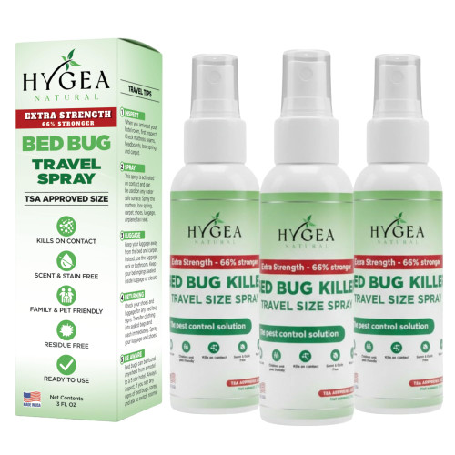 Hygea Natural Extra Strength Bed Bug Killer & Mite Travel Spray - TSA Approved 3 oz Size - Child & Pet Friendly - Stain & Odor Free - for Hotel, Suitcase, Backpack - 66% Stronger Formula (3 pack)
