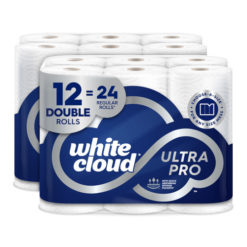 White Cloud Ultra PRO Ultra Absorbent Paper Towel, Choose-a-Size Sheets, 2 Packs of 6 DOUBLE Rolls = 24 Regular Rolls