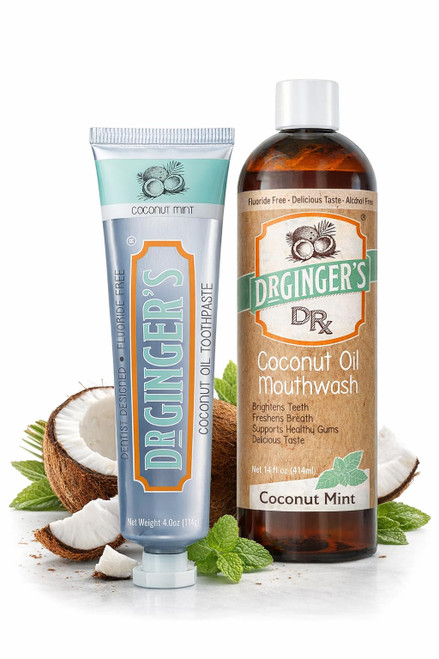 Dr Ginger’s Coconut Oil Oral Care Bundle, Coconut Mint (Toothpaste 4oz + Mouthwash 14 fl oz) – Fluoride-Free Toothpaste + Alcohol-Free Oil Pulling Mouthwash, Organic Coconut Oil + Xylitol