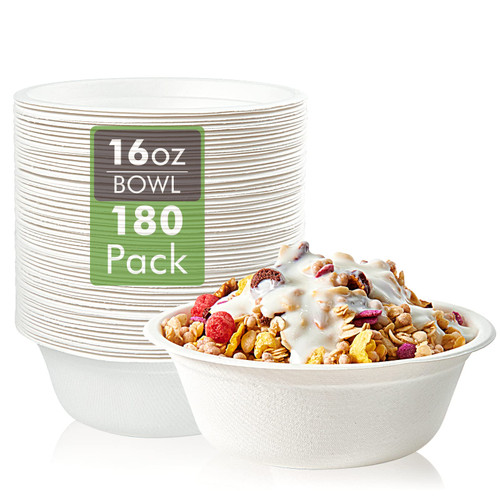 Vplus 180 Pack 16 OZ Paper Bowls, Disposable Compostable Bulk, Eco-friendly Bagasse, Heavy-duty Bowls Perfect for Milk Cereals, Snacks, Salads