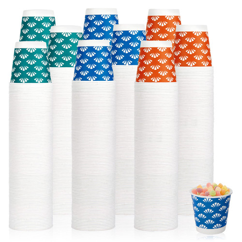 JollyPack 1200 Pack 3 oz Disposable Bathroom Paper Cups, Small Mouthwash Cups in Orange, Blue, and Green, Great for Candy, Biscuits, Bathroom Use, Parties, Picnics, and Travel