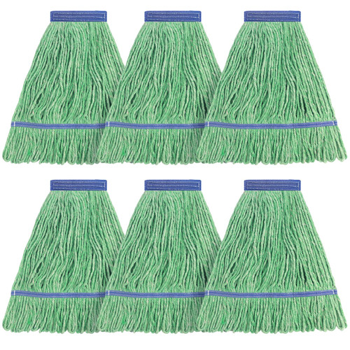 Matthew Cleaning Heavy Duty Mop Head Commercial Replacement for General and Floor Cleaning , Wet Industrial Blue Cotton Looped End String Head Refill (Pack of 6) Green