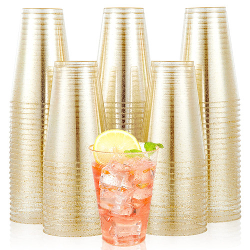 JOLLY CHEF 100 Pack 14 oz Gold Disposable Gold Glitter Plastic Cups Party Cups,Ideal for Halloween,Thanksgiving,Christmas