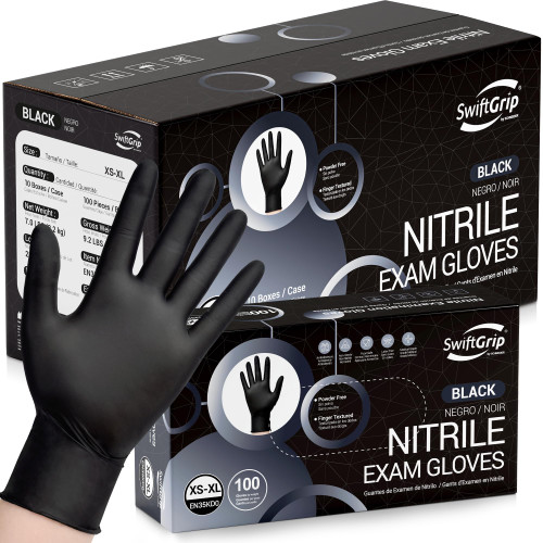 SwiftGrip Disposable Nitrile Gloves, Black Nitrile Gloves Disposable Latex Free for Cooking & Esthetician, Food-Safe Rubber Gloves, Powder Free, Non-Sterile, 1000-ct Case (Medium)