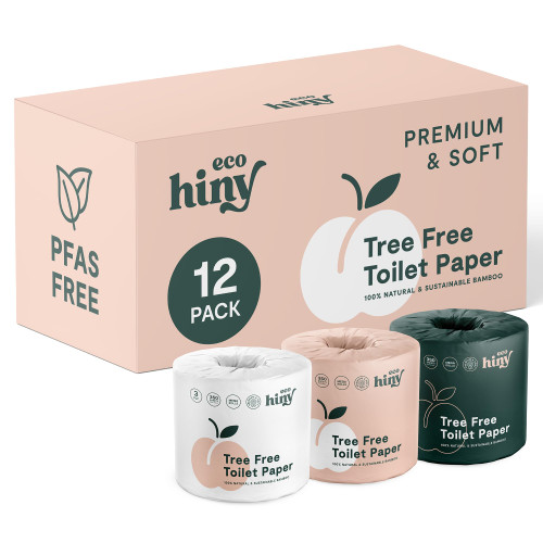ecoHiny Premium & Soft Bamboo Toilet Paper | PFAS Free | 12 Mega Rolls, 3 ply & 350 Sheets | Non Toxic, FSC Certified, Septic Safe, BPA Free | Tree Free Toilet Tissue | Plastic Free Packaging