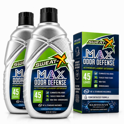 SWEAT X Max Odor Defense Laundry Detergent Liquid - Natural Washing Detergent for Activewear & Gym Clothes - Laundry Detergent for Sensitive Skin - Concentrated Detergent, 45 Loads/Bottle (2 Bottles)