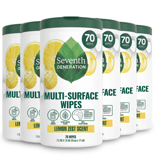 Seventh Generation Multi Surface Wipes All Purpose Cleaning Lemon Zest scent with 100% Essential Oils and Botanical Ingredients 70 count, Pack of 6