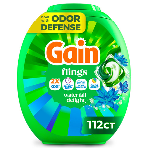 Gain Flings Liquid Washing Detergent Pacs, Now with Odor Defense + Color Guard, Waterfall Delight Scent, 4-In-1 Liquid Laundry Detergent Pods, Clean & Fresh, 112 Count (Packaging May Vary)