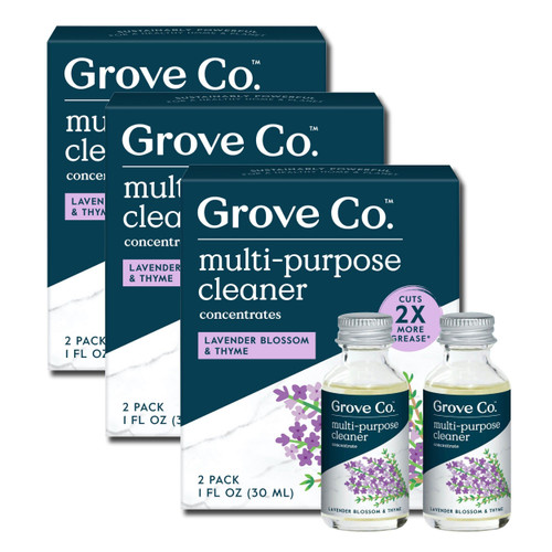 Grove Co. Multi-Purpose Cleaner, Refill Concentrate (6 x 1 Fl Oz) Plant-based Household Cleaning Supplies, Ammonia & Chlorine Free, No Plastic Waste, Lavender Blossom & Thyme, Total 3 x 2 Pack Refills