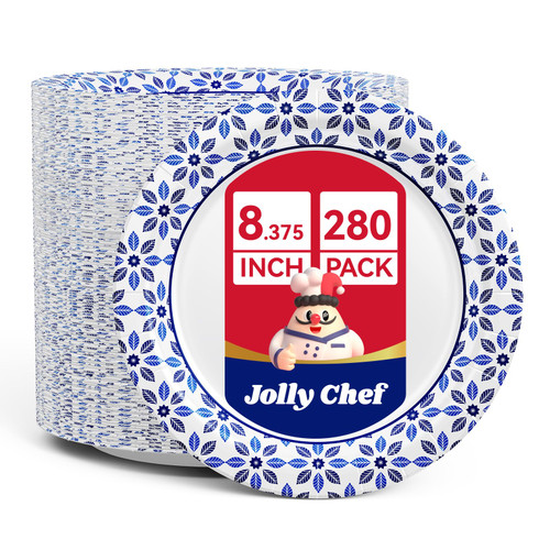 JOLLY CHEF 8.37 inch Paper Plates 280 Count Soak Proof, Cut Proof, Heavy Duty Printed Disposable Plate for Party or Everyday Use