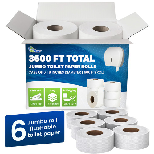Commercial toilet paper - Jumbo toilet paper rolls -3,600 FT Industrial 3-Ply 9” Bulk Large Roll for Standard Jumbo Dispenser -100% Recycled Fibers-Soft and Absorbent Bathroom Tissue -6 Roll Case Pack
