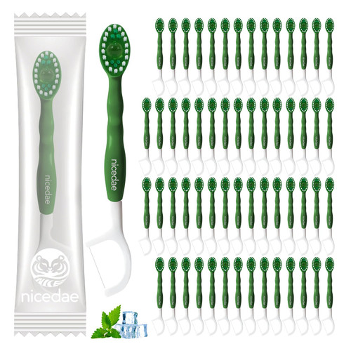 nicedae Disposable Mini Travel Toothbrush Bulk with Toothpaste 5in1 60Ct Portable Toothbrushes Set Floss Pick Tongue Scraper Cruise and Travel Essentials (Green)