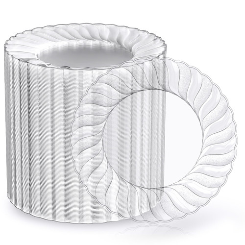 FOCUSLINE 100 Count 6 Inch Clear Plastic Plates, Disposable Heavy Duty Salad Dessert Plates- Premium Hard Plastic Plate Fancy Disposable Clear Plate for Weddings, Parties and Events
