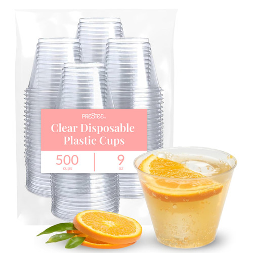 Prestee 500 Clear Plastic Cups - 9 oz Cocktail Cups for Parties and Events, Plastic Cocktail Glasses, Disposable Drinkware - Durable Drinkware, Bulk 500 Party Supplies