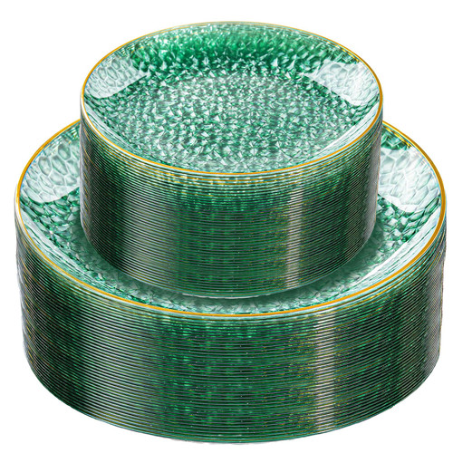 Rubtlamp 60 Green Plastic Plates, Hammered Clear and Gold Disposable Plates, Grenn Disposable Plates Include 30 Dessert Platos, 30 Dinner Platos for Party