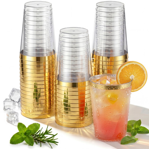 Nervure 120PCS Gold Rim Plastic Cups - 12oz Heavy Duty Plastic Cups - Fancy Clear Disposable Cup with Gold Rimmed for Wedding, Birthday, Party