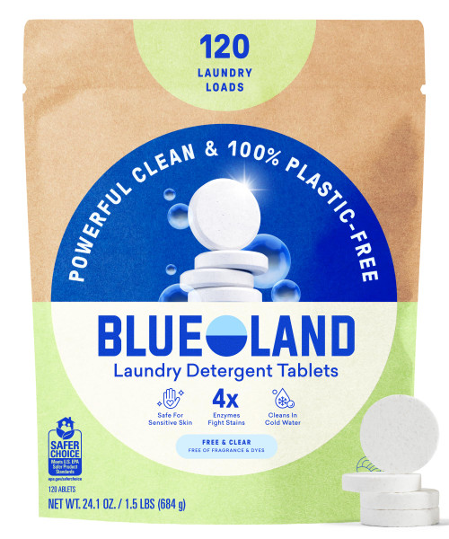 BLUELAND Laundry Detergent Tablets, 120 Count, Plastic-Free Eco-Friendly Pods, Sheets, Liquid Alternative - Fragrance Free and Clear, Safe for Sensitive Skin, Lifts Tough Stains & Odors