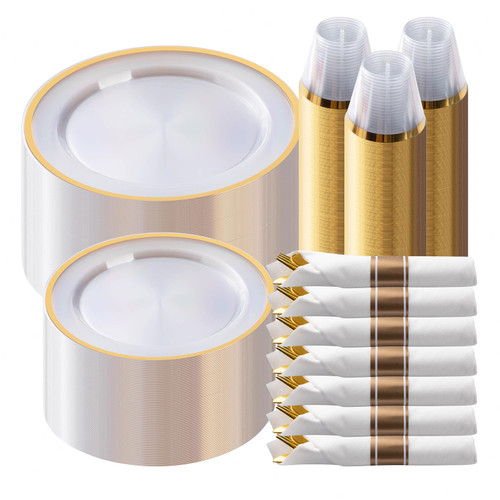 Goodluck 350 Piece Gold Plastic Dinnerware Set for Party, Clear Disposable Plates for 50 Guests, Include: 50 Dinner Plastic Plates, 50 Dessert Plates, 50 Pre Rolled Napkins with Cutlery Set, 50 Cups