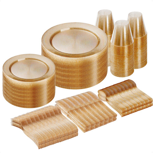 Goodluck 300 Piece Gold Glitter Disposable Plates for 50 Guests, Plastic Plates for Party, Wedding, Dinnerware Set of 50 Dinner Plates, 50 Salad Plates, 50 Spoons, 50 Forks, 50 Knives, 50 Cups