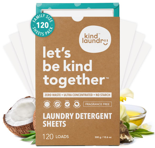 Kind Laundry Detergent Sheets – 120 Loads Fragrance Free, EWG Verified, No Residue After Wash, Eco Plastic-Free Liquidless Laundry Soap, Non-Toxic Formula, for Sensitive Skin, Travel & Dorm Friendly