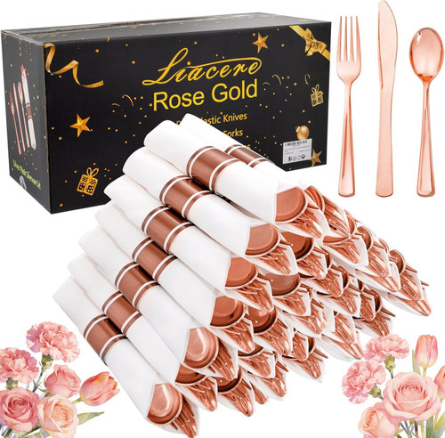Liacere 100Pack Rose Gold Plastic Silverware - Pre Rolled Napkins with Rose Gold Cutlery - Wrapped Silverware Set Disposable100 Forks Knives Spoons Wrapped Utensils for Wedding ＆ Party