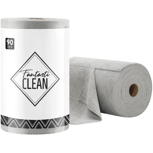 Fantasticlean Microfiber Cleaning Cloth Roll -90 Pack, Tear Away Microfiber Towels, 12" x 12", Reusable, Washable, Lint Free, Ultra Absorbent Dishcloth for All-Around Cleaning Supplies (Grey)