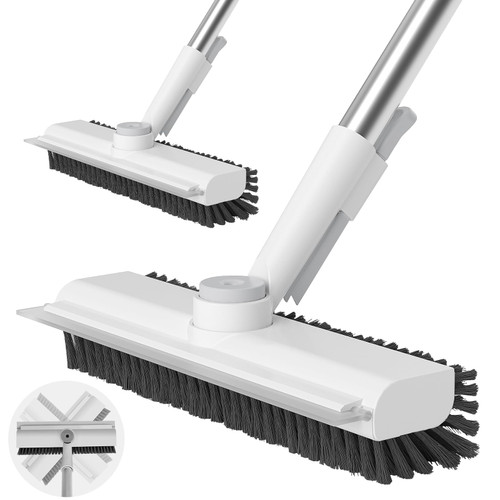 Floor Scrub Brush with Long Handle, 3 in 1 Scrape and Heavy-Duty Stiff Bristle Scrubber Brush for Cleaning Shower Bathroom, Patio, Garage, Kitchen, Wall and Deck (White, 2 Pack)