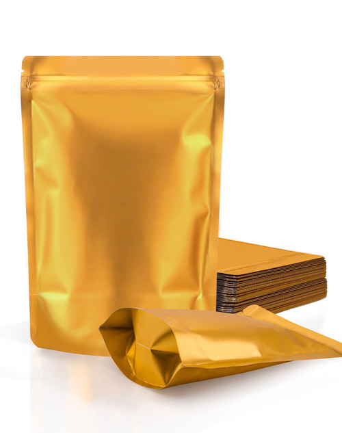 FireKylin 100 Pack Resealable Stand Up Bags,7.9" x 11.8" Smell Proof Pouch Sealable Foil Pouch Bags for Packaging (Gold)