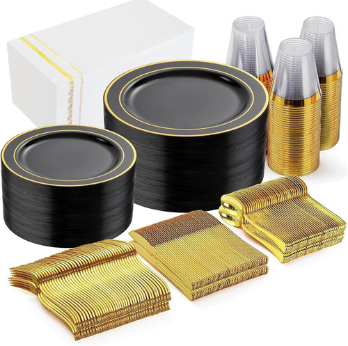 GATHER 350PCS Black Plastic Plates - Black and Gold Disposable Dinnerware Set Include 100 Plates, 150 Gold Silverware, 50 Napkins, 50 Cups for Party & Wedding & Birthday