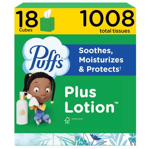 Puffs Facial Tissues Plus Lotion, 18 Cube Boxes, 56 Facial Tissues per Box, Allergies and Colds (Packaging May Vary)