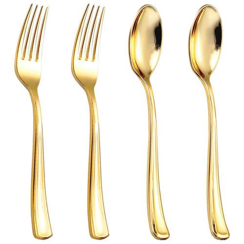 bUCLA 600PCS Gold Plastic Spoons and Forks Set - Plastic Forks and Spoons Disposable - Heavy Duty Gold Silverware Set Party Supplies Include 300 Forks and 300 Spoons for Party&Wedding