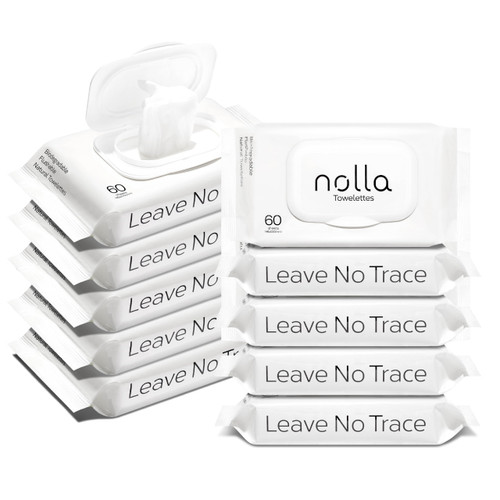 Nolla Flushable Wipes | 100% Plant-Based and Biodegradable - Soft, Unscented + Soothing Aloe and Vitamin E - For Adults and Kids 600 Count (10 Packs of 60)