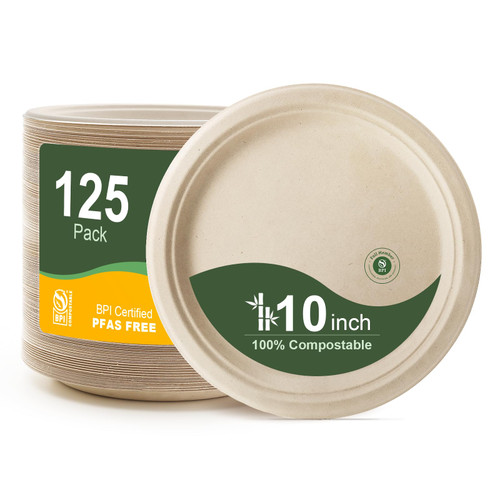 WELLIFE 100% Compostable Paper Plates 10 Inch, 125-Pack Heavy Duty Paper Plates Bulk,Biodegradable Bagasse,Eco-Friendly Disposable Dinner Plate for BBQ,Picnic,Party (BPI Certified,Microwaveable)