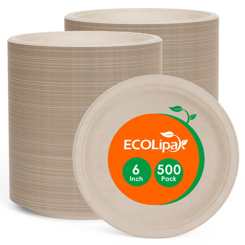 ECOLipak 6 Inch Disposable Compostable Small Paper Plates, 500 Pack Recycled Sugarcane Bagasse Biodegradable Heavy Duty Mini Dinner Appetizer Cake Dessert Plates for Party(Nature)