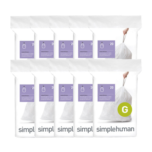 simplehuman Code G 200 Count Custom Fit Liners, Drawstring Kitchen Trash Bags, One-by-One Mess-Free Dispense, Extra Thick & Double Seamed, 50% PCR Plastic, 30 Liter / 8 Gallon, White
