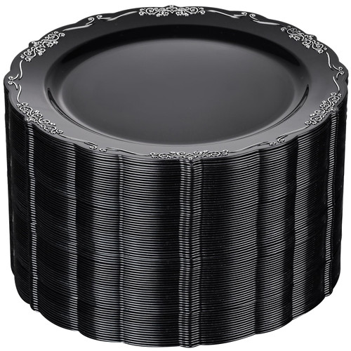 DaYammi 60PCS Black and Silver Plastic Plates, Heavy Duty Black and Silver Disposable Plates Premium 10inch Dinner Plate Hard Plastic Plate Disposable for Party and Wedding