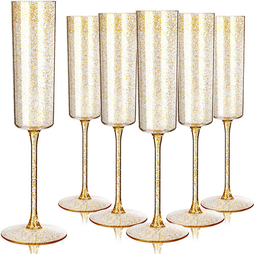 YOUBET 24 Pack Plastic Champagne Flutes - 6 Oz Gold Glitter Disposable Champagne Glasses - Square Plastic Wine Cups Wedding Toasting for Party Birthday Anniversary