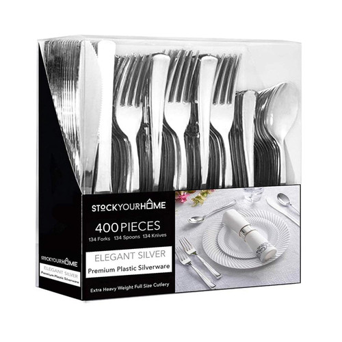 Silver Plastic Silverware Set (400-Pack) – Disposable Heavy Duty Cutlery, 134 Forks, 134 Knives, 134 Spoons for Parties, Weddings, Dinners & Holidays, Stock Your Home