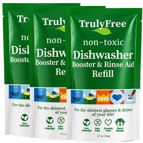 Truly Free Natural Dishwasher Booster & Rinse Aid - Non-Toxic Dishwashing Aid Formula, Removes Residue & Tough Dish Stains, Water Spot Remover - Pack of 3