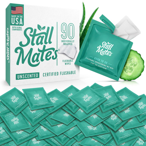 Stall Mates - Flushable Wipes, Individually Wrapped, Travel Friendly, Unscented with Cucumber, Vitamin-E & Aloe (90 on-the-go singles) BULK PACK