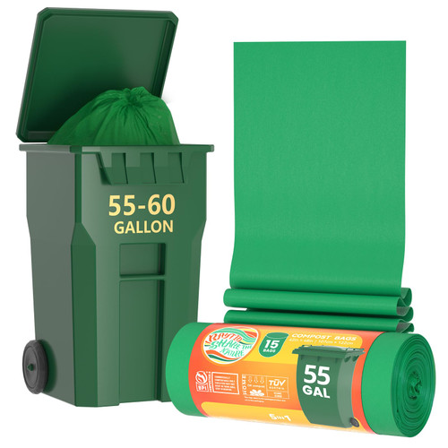 55-60 Gallon Compostable Trash Bags Liners, Heavy Duty Extra Thick 1.57 Mil, 208.2 Liter, 15 Bags, Lawn, Yard, and Restaurant Use, ASTM D6400, US BPI, OK Compost Home Certified