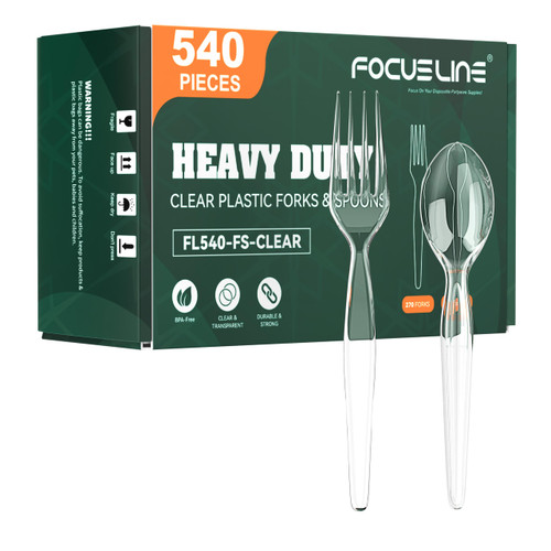 FOCUSLINE 540 Count Heavy Duty Clear Plastic Forks and Spoons Set - 270 Forks & 270 Spoons, Solid and Durable Bulk Disposable Silverware for Catering, Parties, Events & Everyday Use