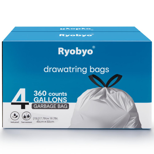 Ryobyo Small Trash Bags 4 Gallon Drawstring- 360 Counts 4 Gallon Trash Bag Extra Strong, Small Garbage Bags Unscented, Stretchy, Quick Cinch for Bathroom Kitchen, White