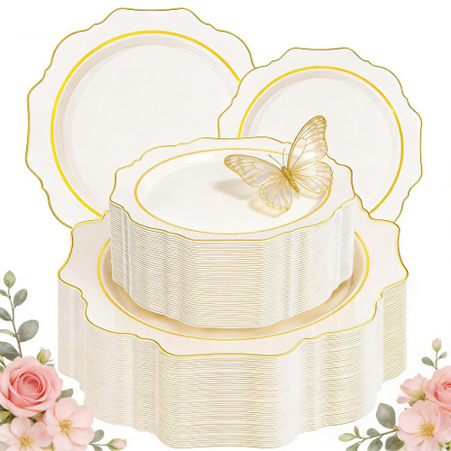 WDF 100PCS Ivory Plastic Plates with Gold Rim - Cream Plastic Plates - Include 50 Dinner & 50 Dessert Fancy Disposable Plate for Party - Heavy Duty Beige Plate for Baby Shower/Wedding
